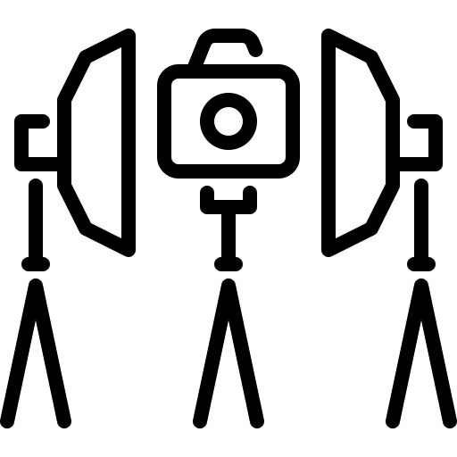 Estudio camera icon. Photography studio equipment with lights and camera.