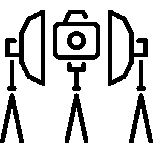 Camera and lighting setup, photography equipment icon.